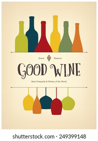 Wine list design. Vector brochure template for wine shop, winery, wine list, cafe, restaurant, bar. Food and drinks logotype symbols. Wine bottles and wine glasses