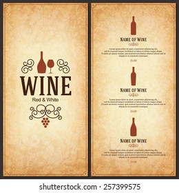 Wine list design. Vector brochure template for wine shop, winery, wine list, cafe, restaurant, bar. Food and drinks logotype symbols. Wine bottles and wine glasses