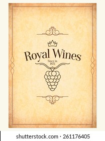 Diseño de la lista de vinos. Plantilla de folleto de vectores para bodega, bodega, carta de vinos, cafetería, restaurante, bar. Símbolos del logotipo de alimentos y bebidas
