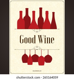 Wine list design. Vector brochure template for wine shop, winery, wine list, cafe, restaurant, bar. Food and drinks logotype symbols. Wine bottles and wine glasses