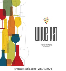 Wine list design. Vector brochure template for wine shop, winery, wine list, cafe, restaurant, bar. Food and drinks logotype symbols. Wine bottles and wine glasses. Flat design