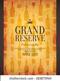 Wine list design. Vector brochure template for wine shop, winery, wine list, cafe, restaurant, bar. Food and drinks logotype symbols. Wine bottles and wine glasses
