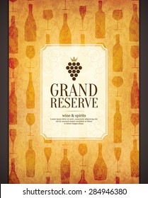 Wine list design. Vector brochure template for wine shop, winery, wine list, cafe, restaurant, bar. Food and drinks logotype symbols. Wine bottles, wine glasses, wine grape