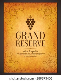 Diseño de la lista de vinos. Plantilla de folleto de vectores para bodega, bodega, carta de vinos, cafetería, restaurante, bar. Símbolos del logotipo de la comida y la bebida. Uva de vino