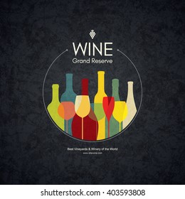 Wine list design. Vector brochure template for wine shop, winery, wine list, cafe, restaurant, bar. Food and drinks logotype symbols. Wine bottles and wine glasses