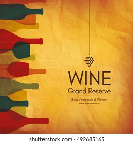 Wine list design. Vector brochure template for winery, cafe, restaurant, bar. Wine bottles and glasses