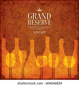Wine list design. Vector brochure template for winery, cafe, restaurant, bar. Wine bottles and glasses
