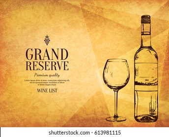 Wine list design. Vector brochure template for winery, cafe, restaurant, bar. Wine bottle and wine glass