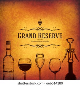 Diseño de la lista de vinos. Plantilla de folleto de vectores para bodega, cafetería, restaurante, bar. Botella de vino y vaso de vino. Con imágenes de esbozo