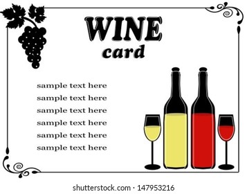 wine list featuring bottles of red and white wine, grape and vintage frame