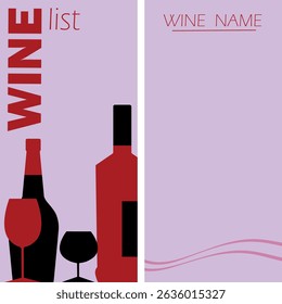 Wine list, flat design poster, bottle and glass, wine festival. Alcohol, chardonnay, cabernet, red wine, white wine, merlot
