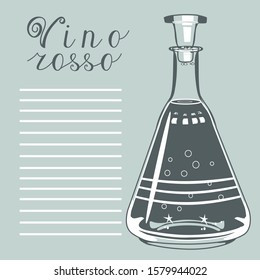 wine list with glass transparent carafe for wine with cork, on a gray isolated background and words Vino rosso