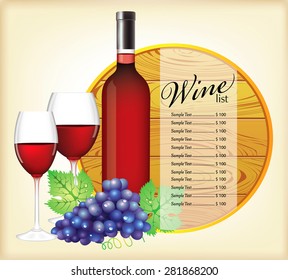 Wine list with glasses and grapes.