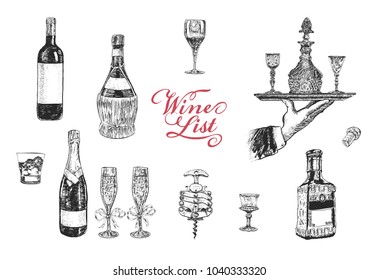 Wine list. Hand drawn vector illustration with wine bottle, champagne, glass, tequila, decanter, glass of whisky, stopper, stopper, corkscrew. Vintage engraving