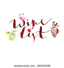 Wine List - handwritten watercolor Title, vector, isolated on white background