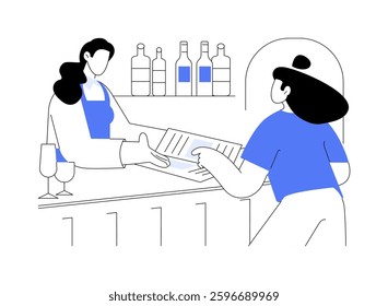 Wine list isolated cartoon vector illustrations. Young woman choosing beverage from a wine list, communication with waiter, sommelier advice, red and white wine, going out vector cartoon.