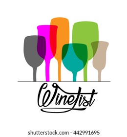 Wine list lettering with different glasses on white background. Vector illustration. Wine glasses.
