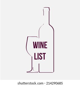 Wine list, line design, wine bottle and glass, vector illustration