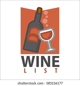 Wine list logo design isolated on white. Bottle of red wine with glass of alcohol drink. Advertisement poster for wine degustation. Winery production banner with wineglass vector illustration in flat