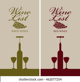 wine list menu with bottle, two glasses, and bunch of grapes