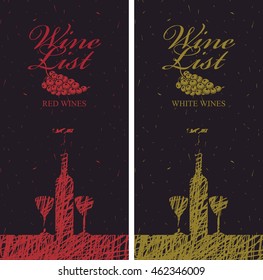 wine list menu with bottle, two glasses, and bunch of grapes