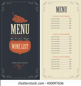 Wine list menu with a bunch of grapes and price