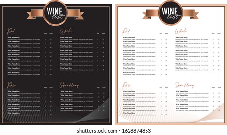 Wine list menu card black and white option design vector, two seperate layer text and background. Main text font is Times