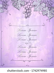 Diseño de la tarjeta de menú lista de vinos maquillaje decorado racimo de uvas, fondo de papel de estilo vintage, espacio vacío para texto, ilustración de vector dibujada a mano