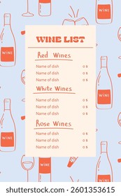 Wine list menu in doodle style. Red, white and rose wines for restaurants