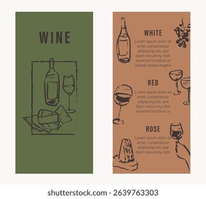 Wine list  menu template design with hand drawn graphic elements, brush line art food illustrations