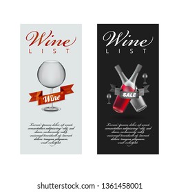 Wine list menu template on white and black with bottle and glass