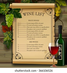 Wine list with old parchment, grapes, bottle and wineglass on wood background. Vintage menu template. Vector illustration