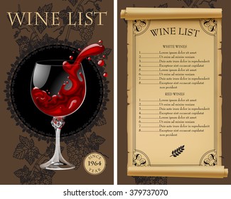 Wine list with old parchment, grapes, bottle and wineglass with splashed wine. Vintage menu template. Vector illustration