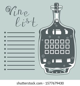 wine list on which is depicted a decanter with a drink stripes and the inscription 