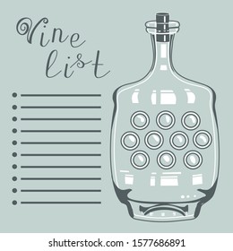wine list on which is depicted an empty decanter, stripes and the inscription, monochrome illustration in blue-gray tones in vintage style