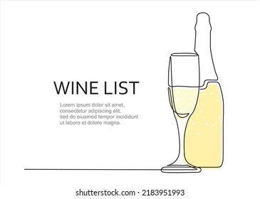 Wine list. one continuous drawn line of the bottle and a glass. Line art. a bottle of champagne with a wine glass. Illustration with quote template. Can used for logo, emblem, slide show and banner.
