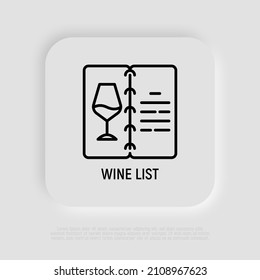 Wine list: open menu with wineglass thin line icon. Modern vector illustration.