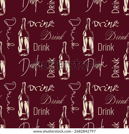 Wine list. Pattern with stylized wine bottles and various Drink inscriptions. On burgundy wine background.
