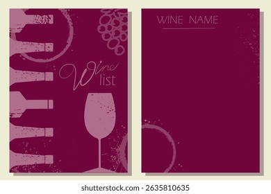 Wine list, poster design, restaurant menu, party. Wine bottle, glass, drink, red wine, white wine, chardonnay, cabernet