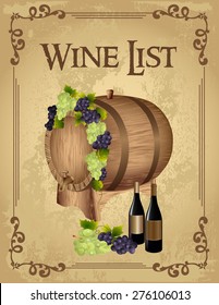 Wine list poster with a wooden barrel and wine bottle 