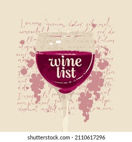 Wine list for restaurant or cafe with a glass of red wine on a light background with handwritten lorem ipsum text and grape banches. Vector illustration in retro style for wine list, menu, tasting