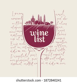 Wine list for restaurant or cafe menu with a rural landscape of vineyards and village inside a wine glass. Vector illustration in retro style on the background of handwritten text lorem ipsum