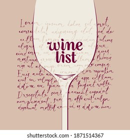 Carta de vinos para restaurante o cafetería con una copa de vino transparente sobre el fondo de papel antiguo con el texto manuscrito lorem ipsum. Ilustración vectorial en estilo retro para menú, carta de vinos, degustación