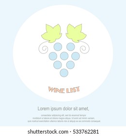 Wine list restaurant menu template. Line style, blue grape bunch green leaf, Lorem ipsum on white. Perfect wine design element stock vector illustration