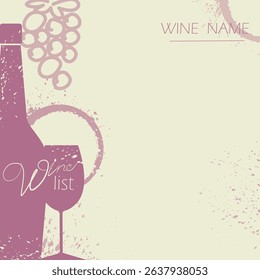 Wine list, restaurant poster, flat design banner for bar. Wine bottle, glass, alcohol menu, red wine, white wine, chardonnay, cabernet