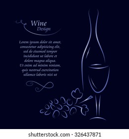 Wine list silhouette line design. Wine bottle, wineglass and bunch of grapes background with place for text. Abstract vector illustration. Concept for wine list, menu, flyer, party, alcohol drinks