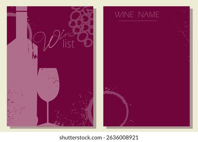 Wine list, wine tasting, festival, drink party, restaurant poster. Bar menu, flat design wine bottle, glass, red wine, chardonnay, burgundy