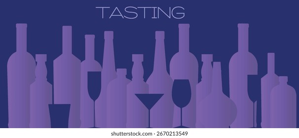 Wine list, wine tasting, sommelier design, flat illustration outline image of wine bottles, glasses. Gradient design, restaurant banner, party, bar poster, festival, booze, red wine, merlot