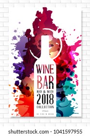 Wine list template for bar or restaurant menu design. Creative artistic background with color paint splashes and  vine bottle sihouette decoration.