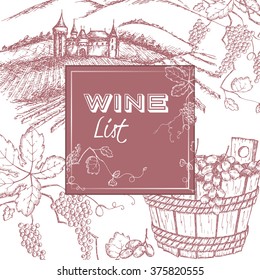 Wine list template with castle, vineyard and grapes in wooden bucket on white background. Great for restaurants, cafes, bars, markets, grocery stores, organic shops, food label design. 